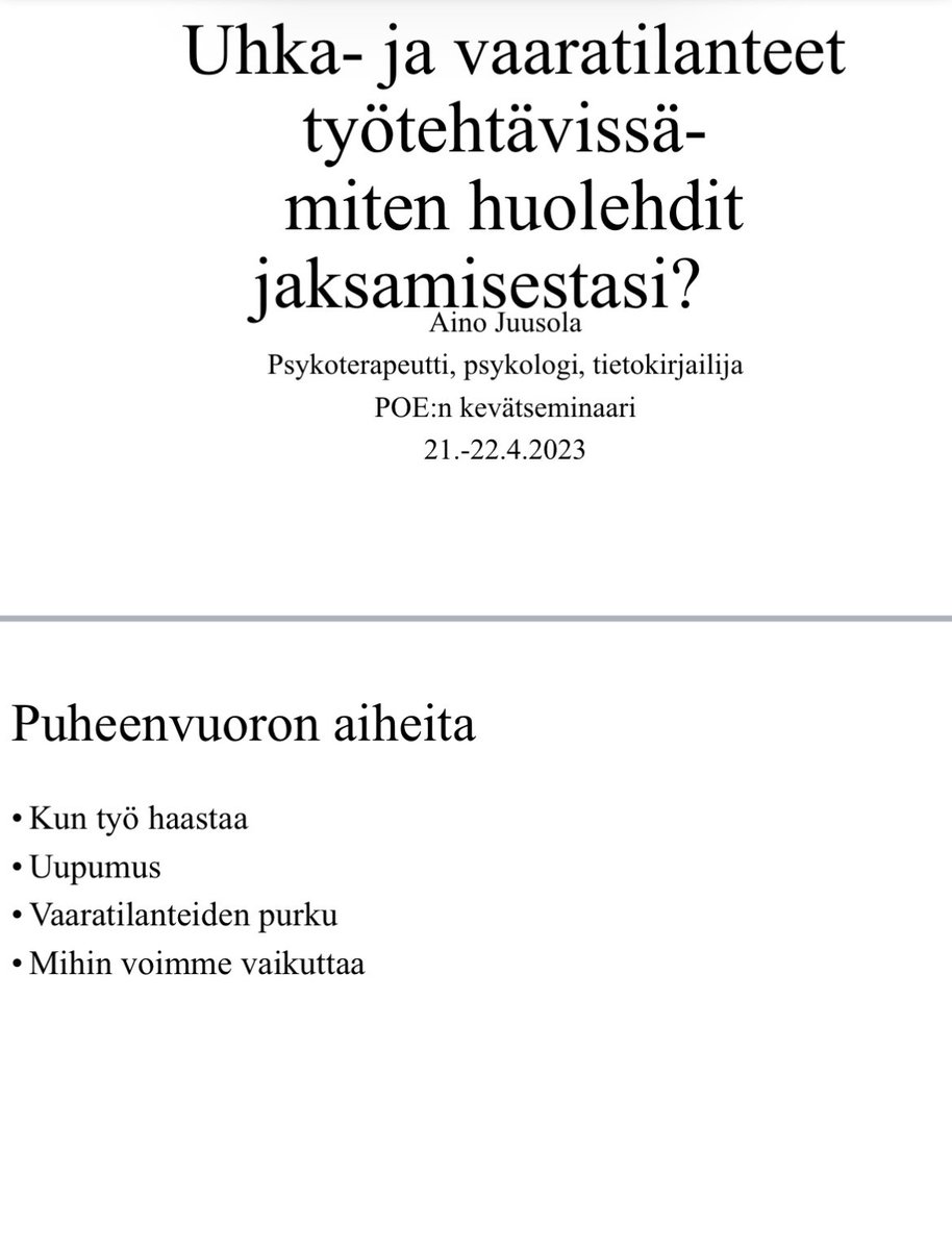 Tänään sain kunnian puhua opettajille uhka- ja vaaratilanteiden purusta ja omasta jaksamisesta huolehtimisesta. Opettajat kohtaavat hyvin uhkaaviakin tilanteita ja on tärkeä, että niiden käsittelyyn liittyvät rakenteet ovat kunnossa. #opettajat #oaj #uhka #oppilaat #turvallisuus