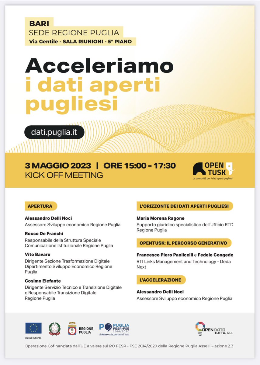 Ok si parte!
Inizia il “task” per la nuova fase degli OpenData in Puglia.
Perchè per noi gli Elefanti e le loro “tusk” sono preziosi.
 Le PPA sono spesso viste come lente e goffe.
Ribalteremo lo stereotipo con un’intera comunità stretta assieme ad un percorso partecipato.
Il