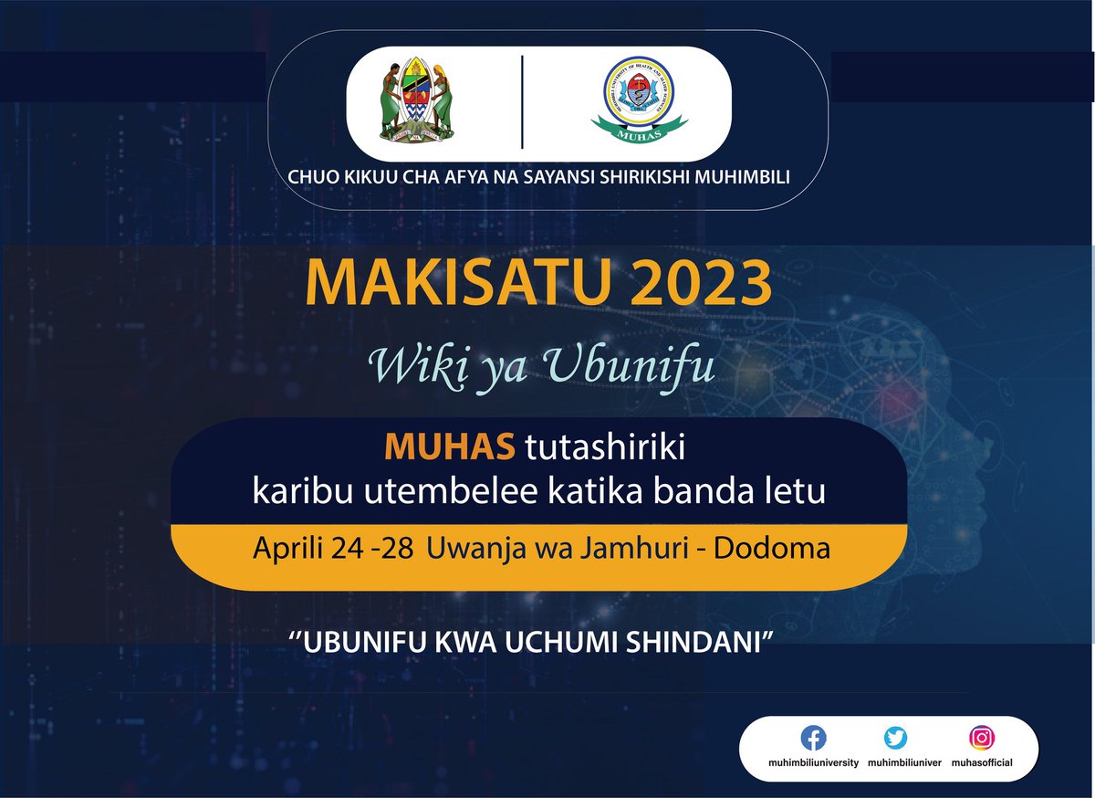 muhimbiliuniver's tweet photo. #MUHAS tutashiriki#
#Wiki ya Ubunifu
#MAKISATU
#24-28 Aprili 2023, Dodoma
#Ubunifu kwa Uchumi Shindani# https://t.co/rjdBxtp8It