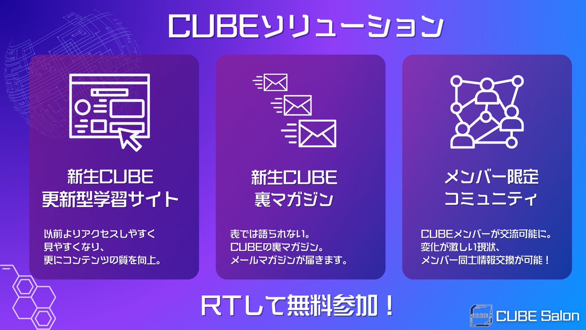 shosaigomori's tweet photo. 【最大級】環境ごとプレゼント🎁

新時代のスモールビジネス研究所
CUBEサロン

▼得られるモノ
✅完全独自ノウハウ"5A2"
✅CUBEコミュニティ参加権利
✅新時代の持続化運用術DevOps
✅商品価値を高めるUXスキル
✅リッチメニューテンプレ
✅裏話マガジン
etc...

→参加方法
①RT＆いいね
②下のURLへ https://t.co/BMZVq0xHYU