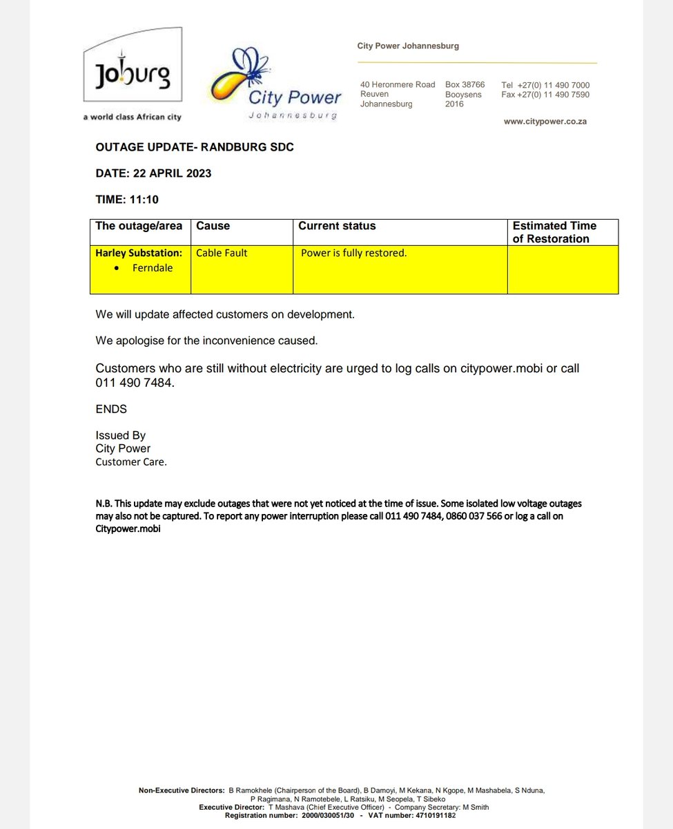 CityPowerJhb's tweet photo. Power is fully restored to customers who were affected by #HarleySub
Thank you so very much Jo'burg for your patience and understanding during the outage.
#SaveEnergyJHB ^DR https://t.co/MbqttakxMa