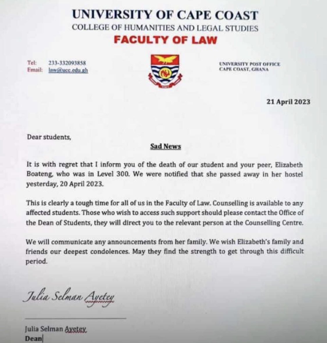 VoiceOfUCC's tweet photo. Sad news hits UCC as a Level 300 female Law Student Elizabeth Boateng passes on 💔

May her soul rest in peace 🕊️🙏 https://t.co/c9b8XZbscj
