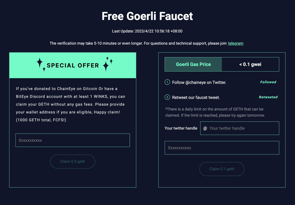 Chaineye_tools's tweet image. 🎉 Exciting news! The Georli Testnet Faucet is now live on Chaineye 🚀

As part of our commitment to supporting #web3 users on #blockchain projects and providing free and open-source tools, we're thrilled to offer this faucet.

Access it here: chaineye.tools/faucet. #Georli