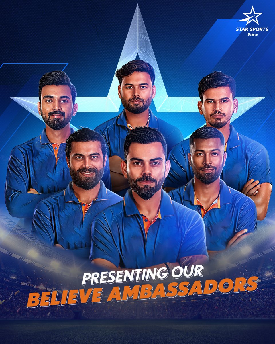 StarSportsIndia's tweet photo. These are the ⭐s! The pride of Indian cricket, who believe with us that cricket's future has never been brighter!

Thank you @ImVKohli, @imjadeja, @hardikpandya7, @klrahul, @RishabhPant17 &amp; @ShreyasIyer15 for being our #BelieveAmbassadors.
#IPLOnStar #BetterTogether https://t.co/lIL4jNhq8N