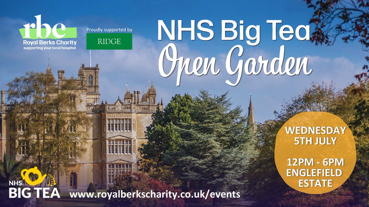RoyalBerksChar's tweet photo. Join us at our NHS Big Tea Open Garden at Englefield House on Wednesday the 5th of July - the 75th birthday of the NHS.
Enjoy a stroll and a cream tea in the grounds to the sound of local choirs.
https://t.co/A1ZnwZp77j
This event has been sponsored by @RidgeLLP https://t.co/XaByfLF22X