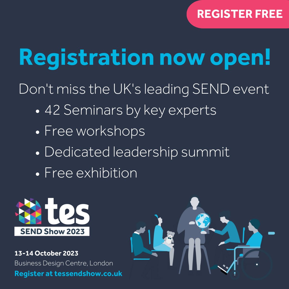 AutismEye's tweet photo. Register now for the Tes SEND Show 2023 and be the first to hear when the seminar programme goes live! Autism Eye is an event partner and we hope to see you there.
#SEND #specialeducation #autism #autismeye #event @SENDShowUK
https://t.co/A4UUChvQKE https://t.co/owAVOBg564