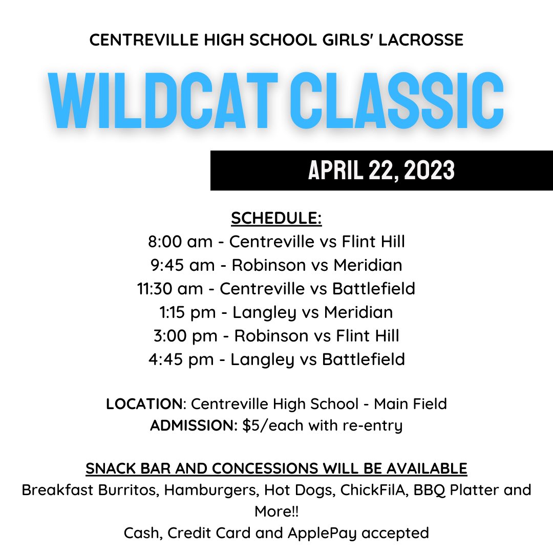 Game day!  Looking forward to hosting our 1st Annual Wildcat Classic Spring Tournament today!  Should be a great day of competitive lacrosse. Come out and join us!