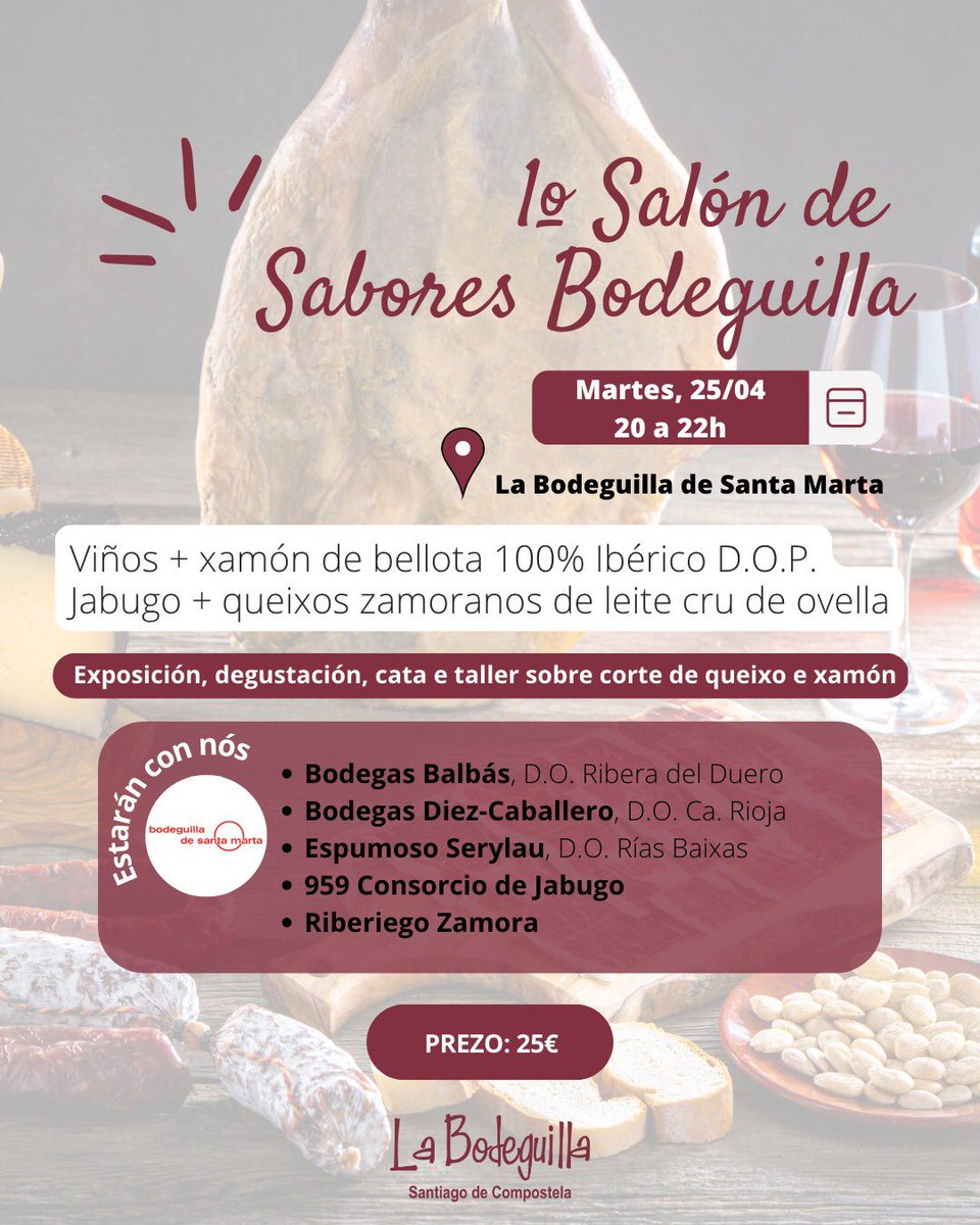 labodeguillascq's tweet photo. Este martes vai ser un gran día! Estreamos en La Bodeguilla De Santa Marta o I Salón de Sabores Bodeguilla! 
Non faltes!
#BodeguillaSCQ #ISalónDeSaboresLaBodeguilla #SantiagodeCompostela #ibéricos https://t.co/XEFJWEevsD