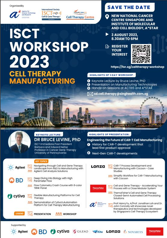 CellbiologyT's tweet photo. ISCT Workshop will take place on the 3rd of August 2023, Featuring Keynote lecture from Dr Bruce Levine, PhD. Register your interest below 😃 https://t.co/FxSCiAdlf4