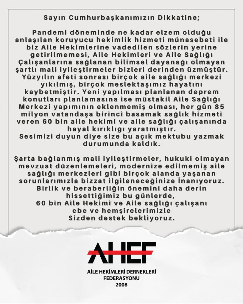 #AileHekimlerindenMektupVar
<a href="/tcbestepe/">T.C. Cumhurbaşkanlığı</a> <a href="/saglikbakanligi/">T.C. Sağlık Bakanlığı</a> <a href="/drfahrettinkoca/">Dr. Fahrettin Koca</a> <a href="/halksagligigm/">Halk Sağlığı Genel Müdürlüğü</a> <a href="/RTErdogan/">Recep Tayyip Erdoğan</a> <a href="/DrRecepAkdag/">Recep Akdağ</a>