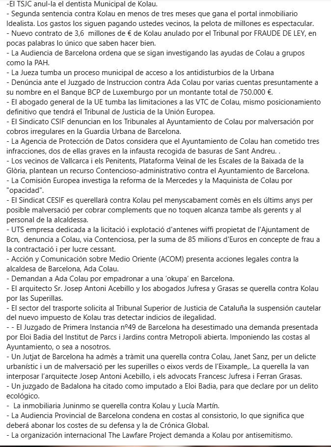 OnVasBarcelona's tweet photo. Si teniu una estona podeu consultar totes les sentències i imputacions contra Colau i la seva "banda" al 21.04.23, ens deixarà arruinats de per vida però incomprensiblement encara te opció política i encara pot seguir enfonsant encara més Barcelona fins treure-la del mapa. https://t.co/beaskvCknO