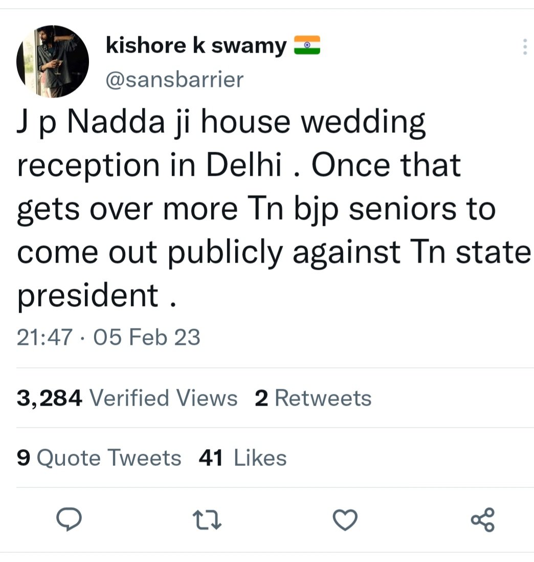 Thiagak's tweet photo. @sansbarrier Bro.. it is more than a month now. You said after JP Nadda's sons wedding leaders are going to come out publicly against our singam Annamalai .. what happened to your prediction ????? https://t.co/LNJh97MslE