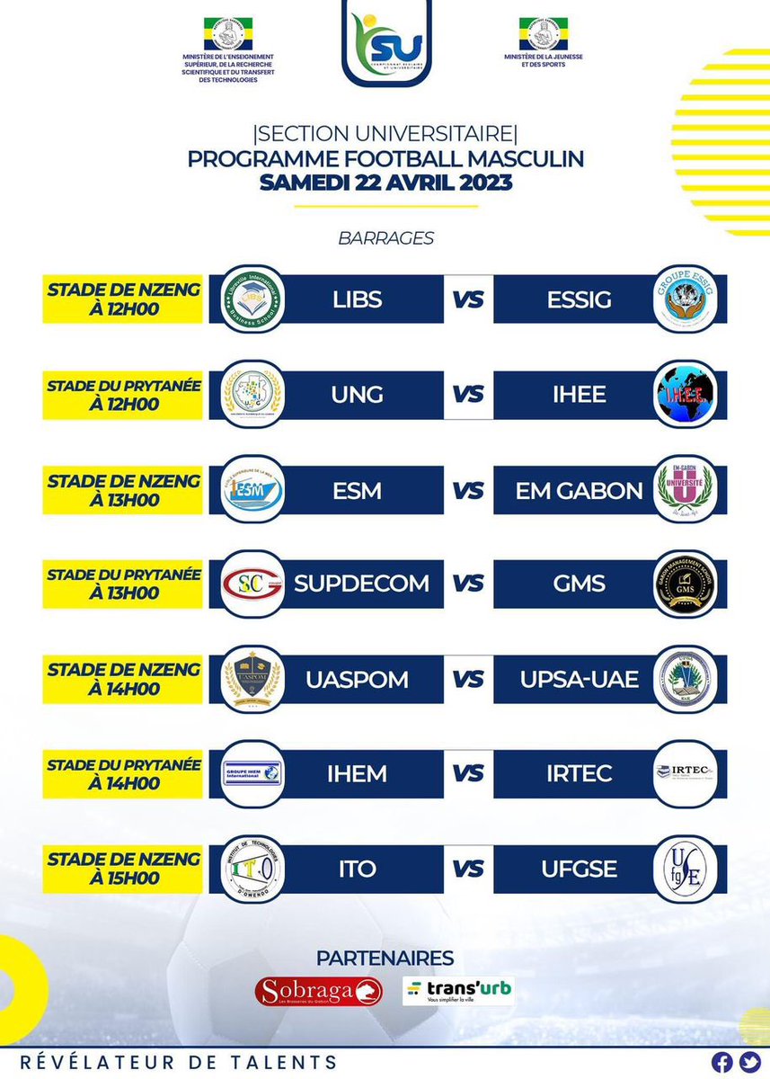 csu_gabon's tweet photo. Aujourd’hui c’est jour de #match. Les #athlètes en #football masculin se disputeront les billets d’accession à la #phase de #poules. #sports #universitaire #jeune #gabon https://t.co/0XvrK1KiBm
