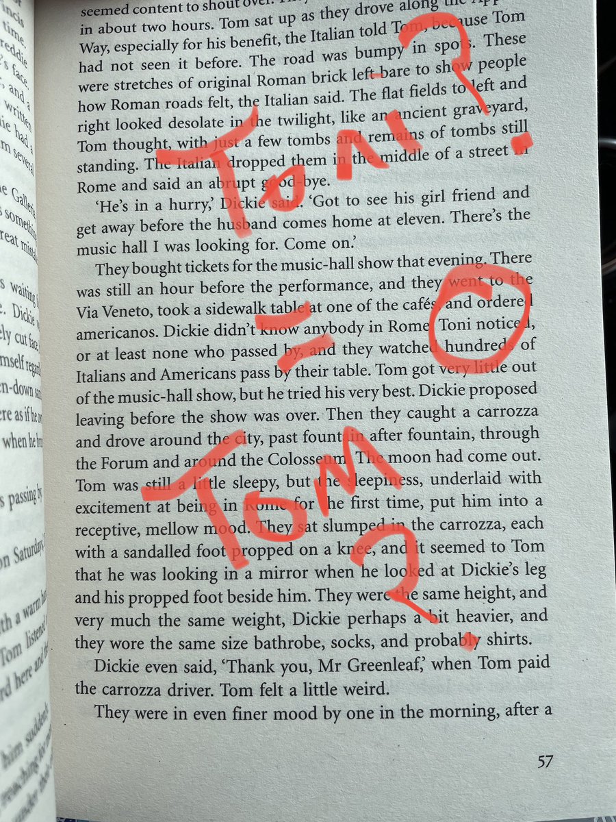Goffaman's tweet photo. @vintagebooks Love the relationship between Dickie and Tom in The Talented Mr Ripley but who’s “Toni” on page 57 of this edition? Typo? Meant to be “Tom”?? https://t.co/Y4tORQTSMT