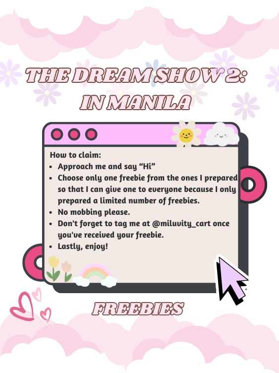 miluvity_cart's tweet photo. ➳ :¨·.·¨: 
       `·. The Dream Show 2: In Manila 
             [Freebies by: @miluvity_cart]

✿ RENMINSUNG BANNERS
✿ BRACELETS AND RINGS 
✿ CANDY POUCH 

↪ When: April 29, 2023 (Day 1) 
↪ Where: Pacific Drive (TABLE 5) DREAMZONE
↪ Time: 1:00 p.m - 2:00 p.m https://t.co/fa0yzvmod4