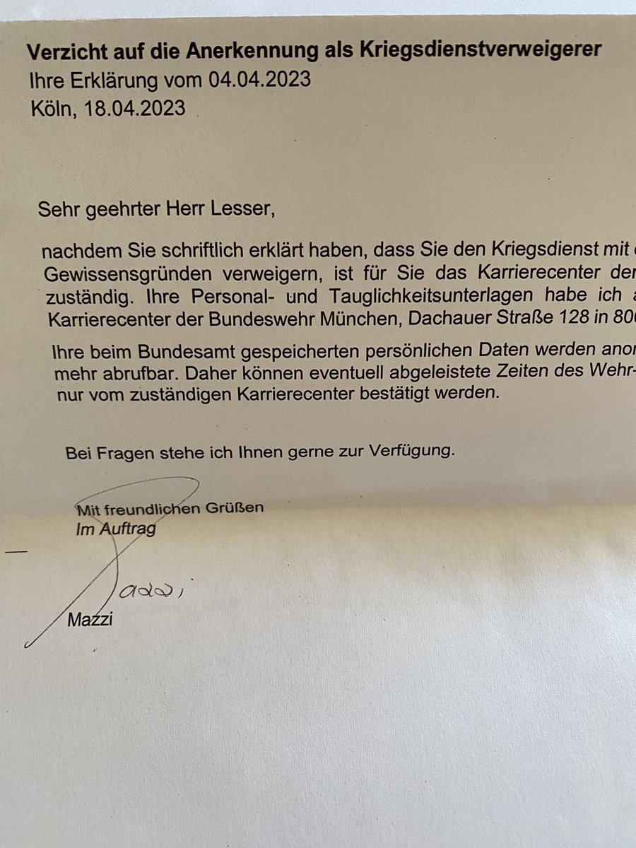 98 i declined doing @bundeswehr and did civil services instead in germany. back then i didnt believe that i would have impact for my country being trained as a solider for a year. yesterday i got confirmation of my changed decision. i am 45y now and if we will be attacked i would