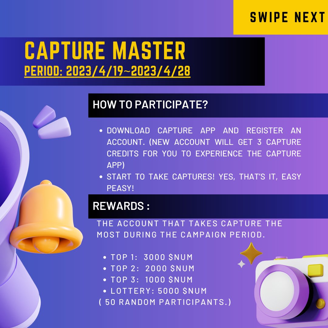 em_creatives's tweet photo. 2/ 1st step, you must be a CAPTURE MASTER. To do that download the @captureapp_xyz
Here :https://t.co/VAExeJqggu
And take capture as much as you can.
Most users that have more capture will be on top and get the rewards of 3000 $NUM and the rest.
#NFT #web3 #captureap #NUM https://t.co/W9zMYsQK7j