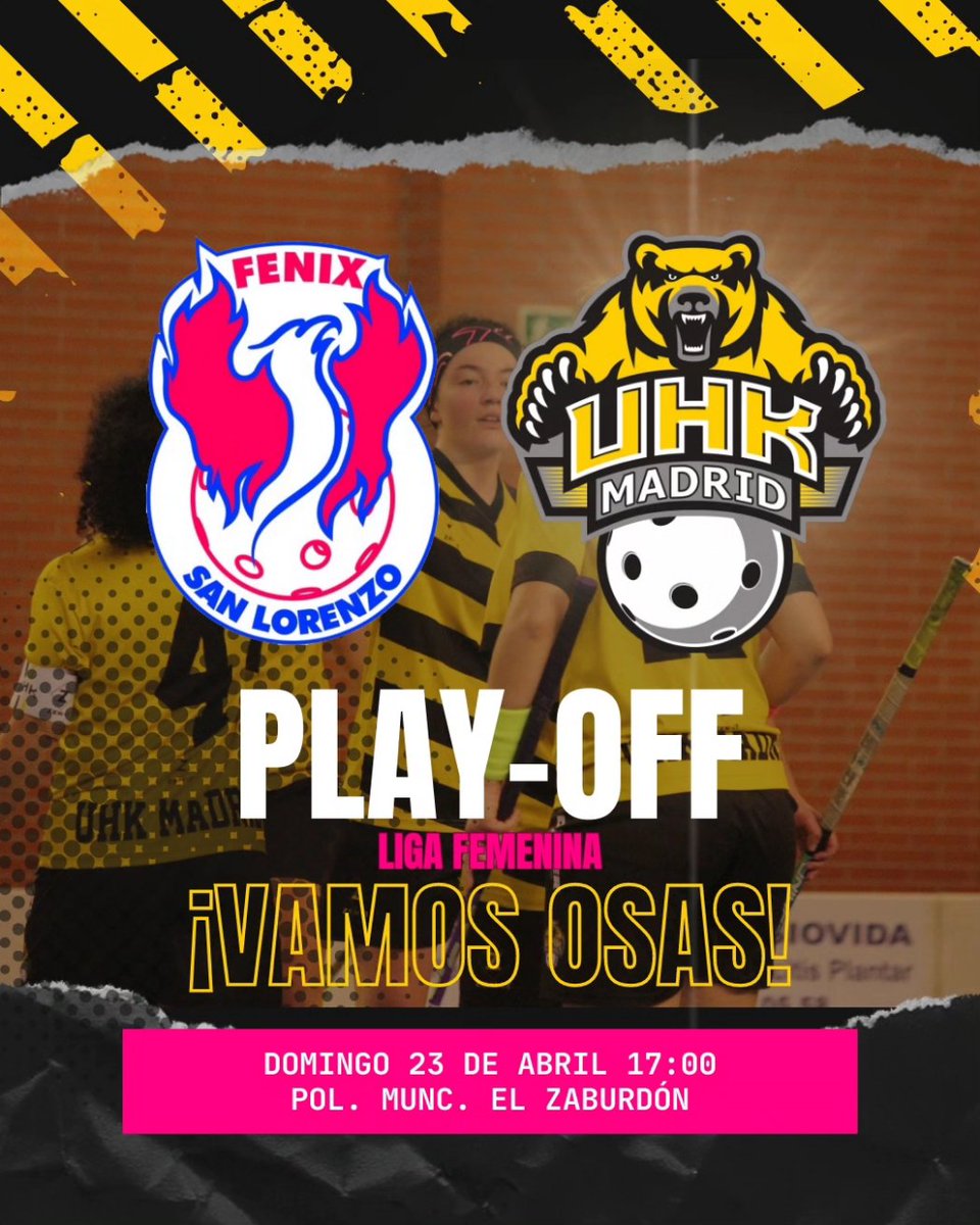 ¡¡LEGARON LOS PLAYOFF!!

🟡 LIGA ORO: UHK Madrid Vs CUF Leganés B 
📍 CDM ENTREVIAS ‼️

🟣 LIGA FEMENINA: Fénix San Lorenzo Vs UHK Madrid
📍POL. EL ZABURDON

Mucha suerte a todos los equipos.

¡VAMOS OSOS! 💪💛🖤