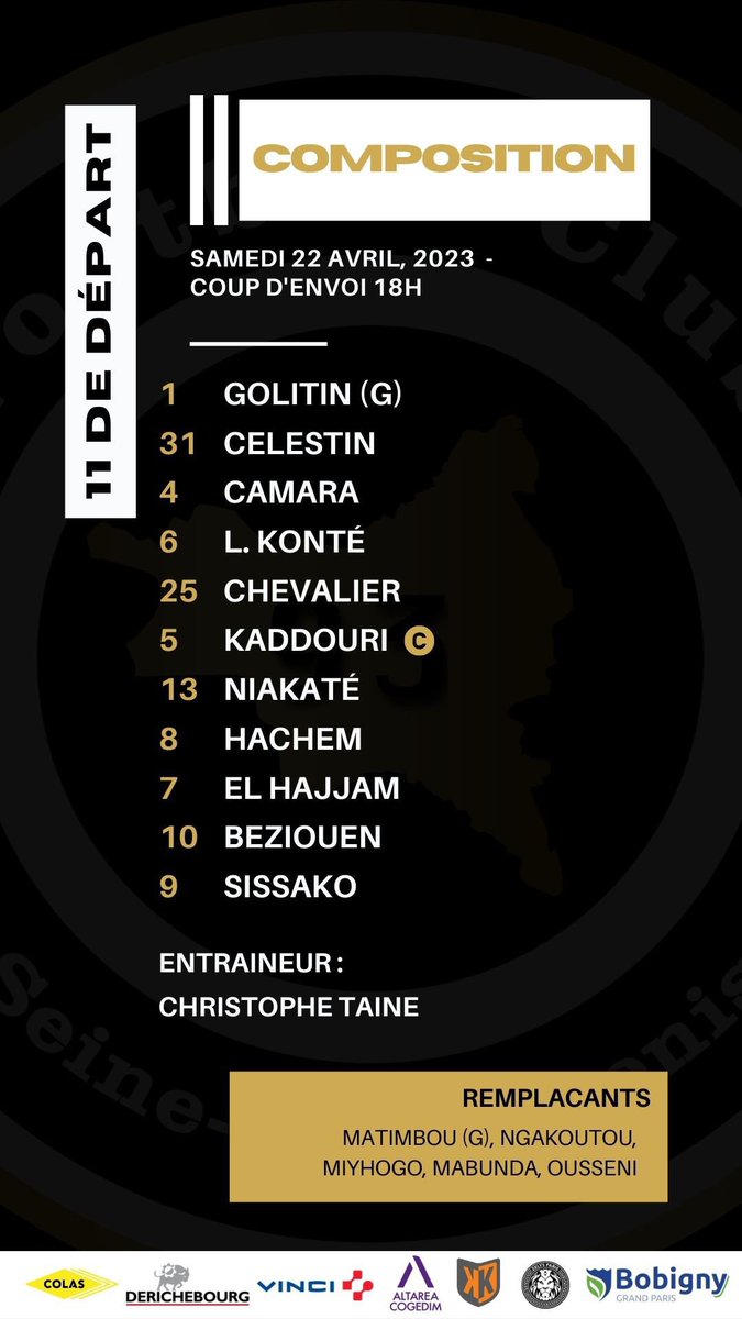 FC93officiel's tweet photo. | 𝐋𝐞 𝐎𝐧𝐳𝐞 ⚔️
Le onze de départ pour le match face au @FCFleury91 ! ⚫️🟡
#TeamFC93 https://t.co/4eDu3pb93p