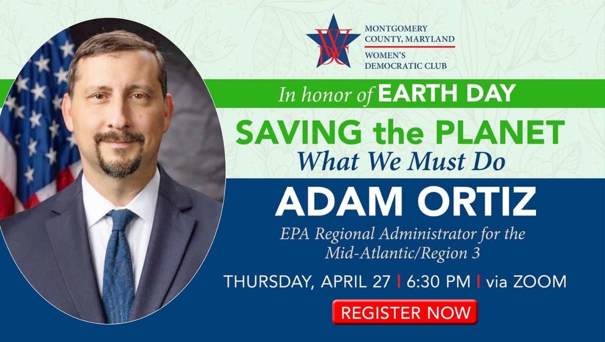MoCo Latino Dems (@mocolatinodems) on Twitter photo In honor of Earth Day, we will be joining the <a href="/mocowdc/">Montgomery County, MD Women's Democratic Club</a> for a discussion on what we must do to save our planet with EPA Regional Administrator Adam Ortiz. The Zoom call will be THIS THURSDAY, April 27th, at 6:30pm.
Happy Earth Day! 🌎
RSVP Here: bit.ly/40qtiKs In honor of Earth Day, we will be joining the <a href="/mocowdc/">Montgomery County, MD Women's Democratic Club</a> for a discussion on what we must do to save our planet with EPA Regional Administrator Adam Ortiz. The Zoom call will be THIS THURSDAY, April 27th, at 6:30pm.
Happy Earth Day! 🌎
RSVP Here: bit.ly/40qtiKs