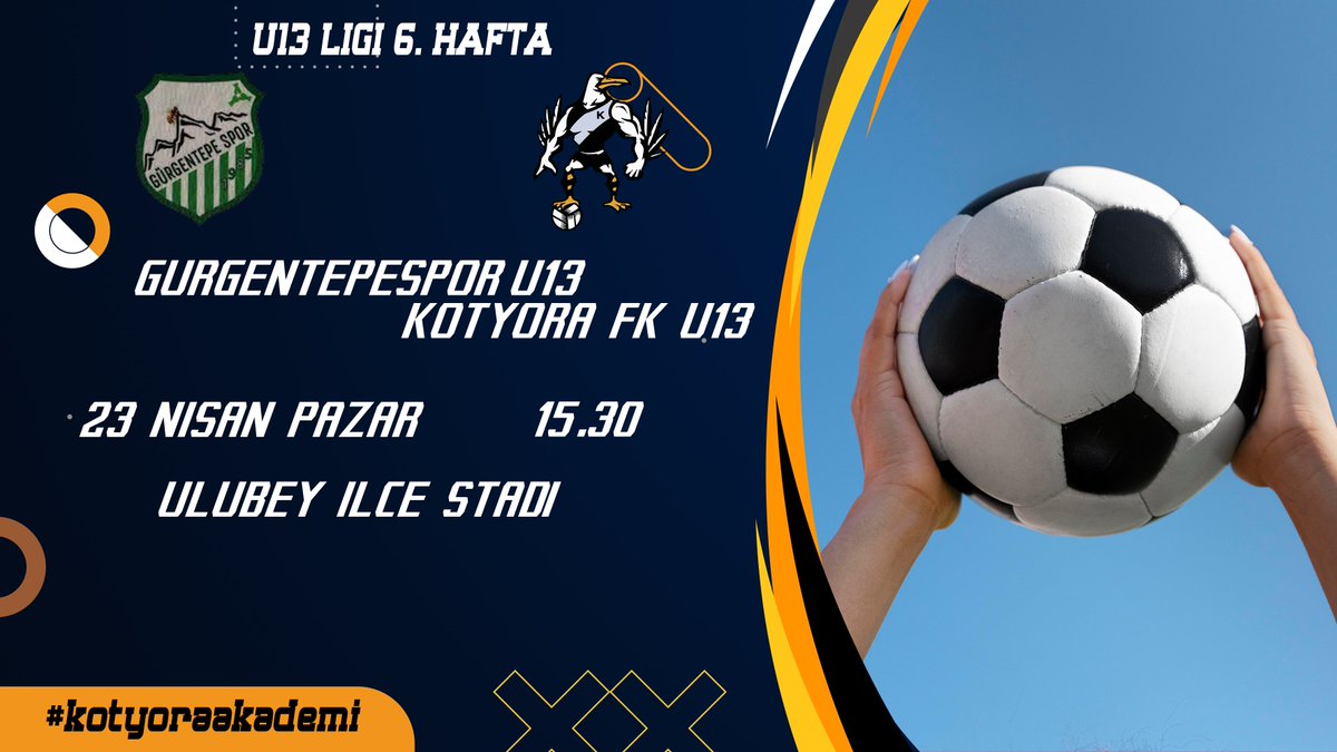 🔥U13 LİGİ 6. HAFTA🔥
⚽️Gürgentepespor (U13) - KOTYORAMIZ (U13)
🗓️23 Nisan Pazar
⏱️15.30
🏟️Karşıyaka 2 Nolu Saha