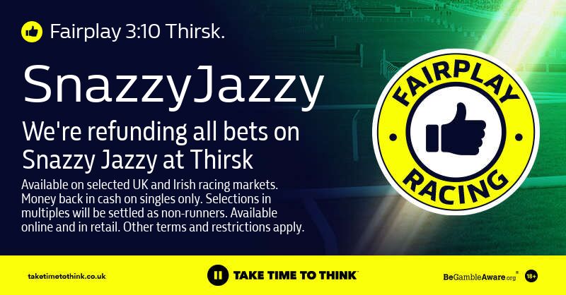 WillHillRacing's tweet photo. π¨ #WHFairPlay π¨
We're refunding bets on Snazzy Jazzy at Thirsk
π | 3:10 Thirsk https://t.co/wrq1I0WONR