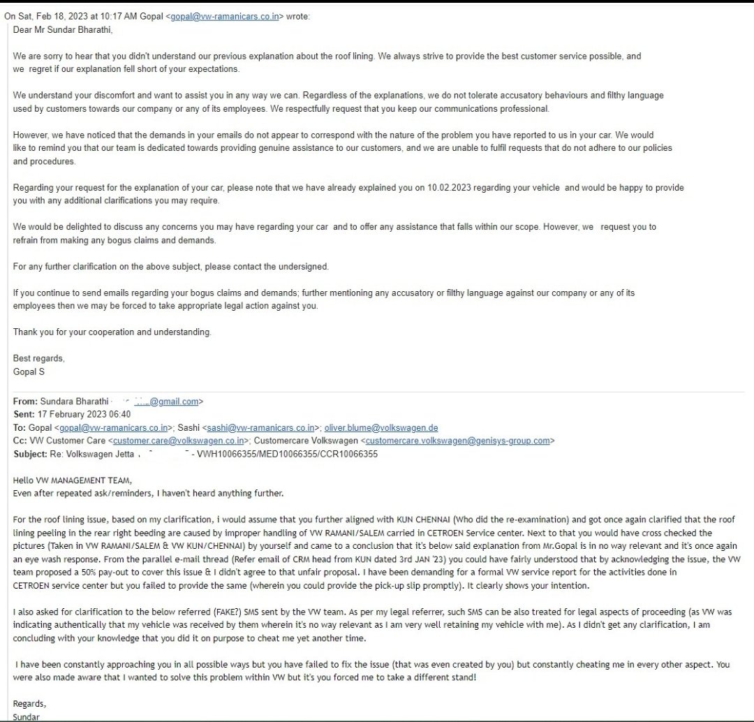 SuBha_Er's tweet photo. @volkswagenindia @VW @VWGroup @Piyush_Arora_
Great German engineering is been spoiled by close/money  minded people!

Pathetic service &amp; customer care exp continuing already for 8months - refer unresolved complaint VWH10066355.
VW RAMANI/SALEM spoiled my car with suspicious activities

#VWCheatsU https://t.co/xJa0k9HsE8
