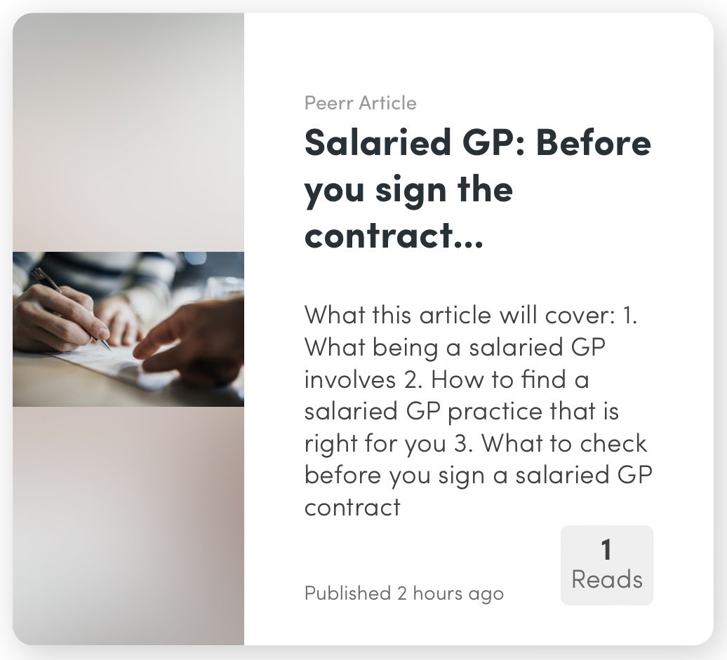 Article covering 1. Being a salaried GP 2. Finding the right practice for you 3. Contracts Read more ⬇️ peerr.io/article/salari…