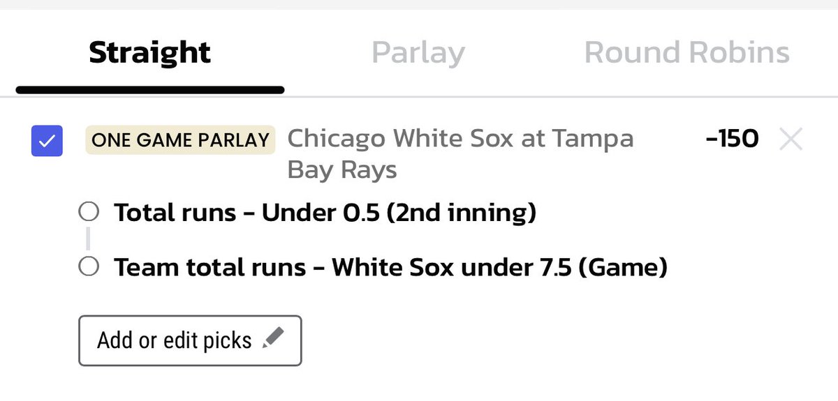 ThatGuyBets's tweet photo. 1u - CWS/TB NRSI / CWS Team Total u7.5 SGP (-150 @ MGM)

Game total of just 7 runs. Pitchers duel with McClanahan vs Cease.

McClanahan has looked dominate this year allowing just 4 earned runs in 23 innings.

It would appear that Chicago has taken a step back against LHP this season as they are just hitting .232 against them so far.

CWS bats are 4-22 against McClanahan lifetime with no RBI’s, Rays also have best bullpen in terms of ERA to help us with our juice reducer of White Sox to not score 8+.

We just need three outs from Cease in the 2nd, he has also looked dominate this year and should shove today.

This is worth the juice! 6 outs and a dream, who’s with me?
