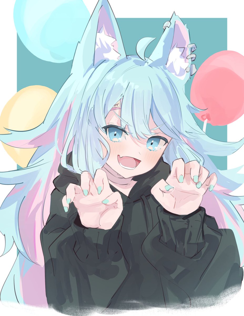 1girl animal ears claw pose solo blue eyes hood balloon  illustration images