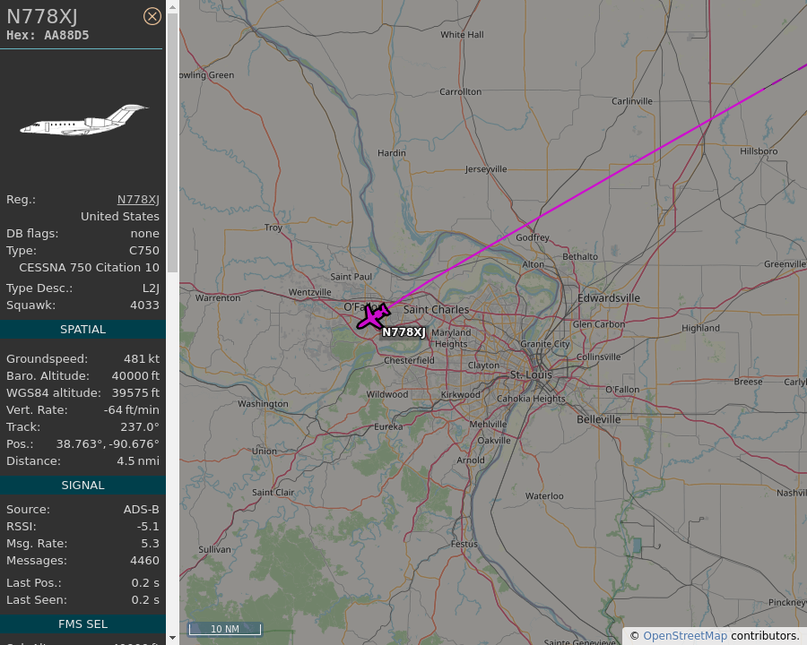 AboveStLouis's tweet image. 🇺🇸 N778XJ - Cessna Citation X - Jet Access Aviation N778XJ - 4.7 mi away @ 39575 ft, heading WSW at 553 mph. Spotted for first time! [09:40:44 AM CDT] #AA88D5 #N778XJ #C750 #N778XJ  #STL #ADSB