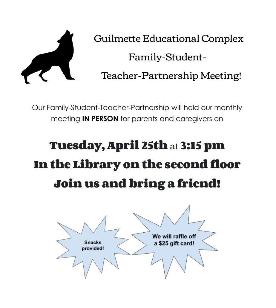 MiddleGuilmette's tweet photo. We are so excited to host our first IN-PERSON FSTP meeting of the year!  No need to sign up via QR code for this one.  Please note that our meeting will be in the second floor library at 3:15, this Tuesday, April 25th! All parents and caregivers are welcome to bring a friend! https://t.co/auhwW1IeSx