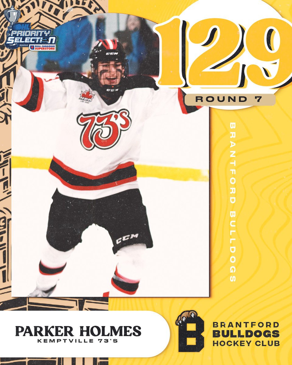With the 129th overall selection in the 2023 #OHLDraft the Brantford Bulldogs are proud to select forward Parker Holmes!

#WeBuild #DawgMentality