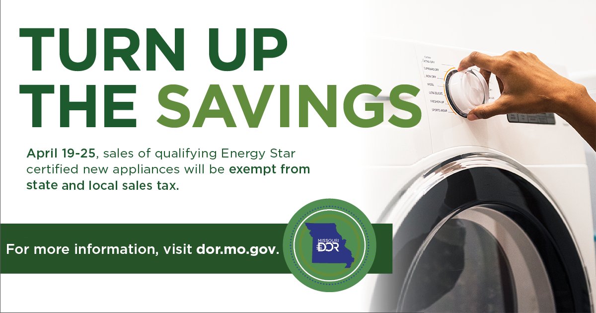 MissouriRevenue's tweet image. Go green and save some green during the Show Me Green Sales Tax Holiday! 💰 

Now through April 25, qualifying #EnergyStar appliances are exempt from state and local sales tax. For more information and some helpful FAQs, visit buff.ly/41oeexE. 

#EarthDay2023