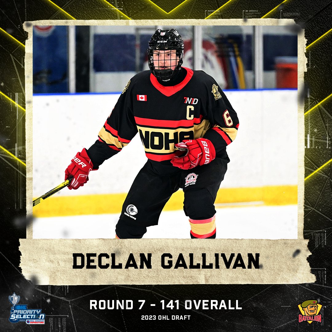 OHLBattalion's tweet photo. With the 141st overall selection in the 2023 #OHLDraft, the North Bay Battalion selects Declan Gallivan. 

Welcome to The Bay! https://t.co/5sIaixfVPU