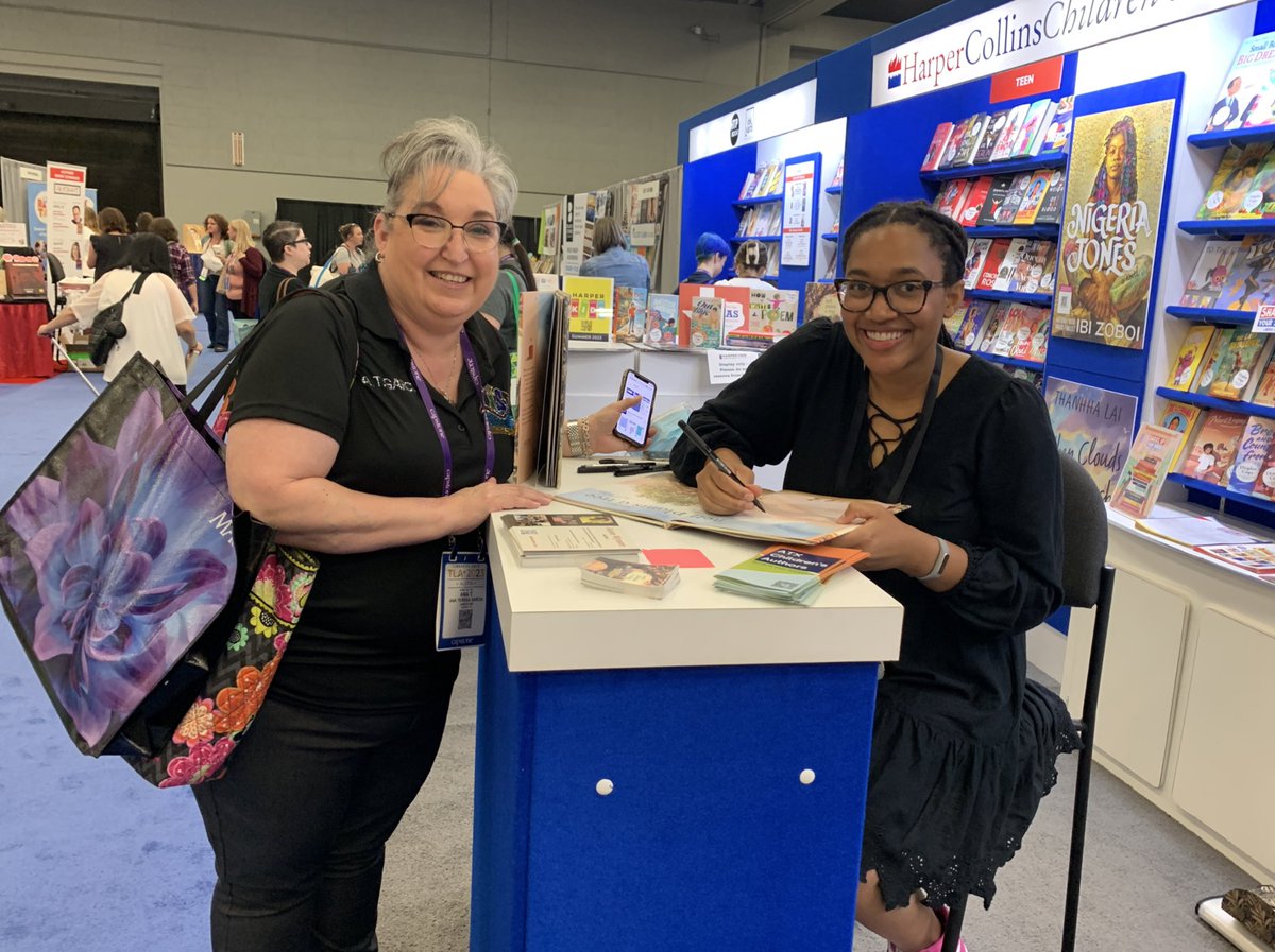 Anne Wynter signing books in the @HarperCollinsCh booth at #TLA. And TODAY Sat. 4/22 noon, she will be at @blackpearlbooks for a reading along with @gibneyShannon and @tameeksb !

#tla @txla_1902 #tla2023 #txla #texaslibraries #childrensbooks #librarian #librarians @scbwiaustintx