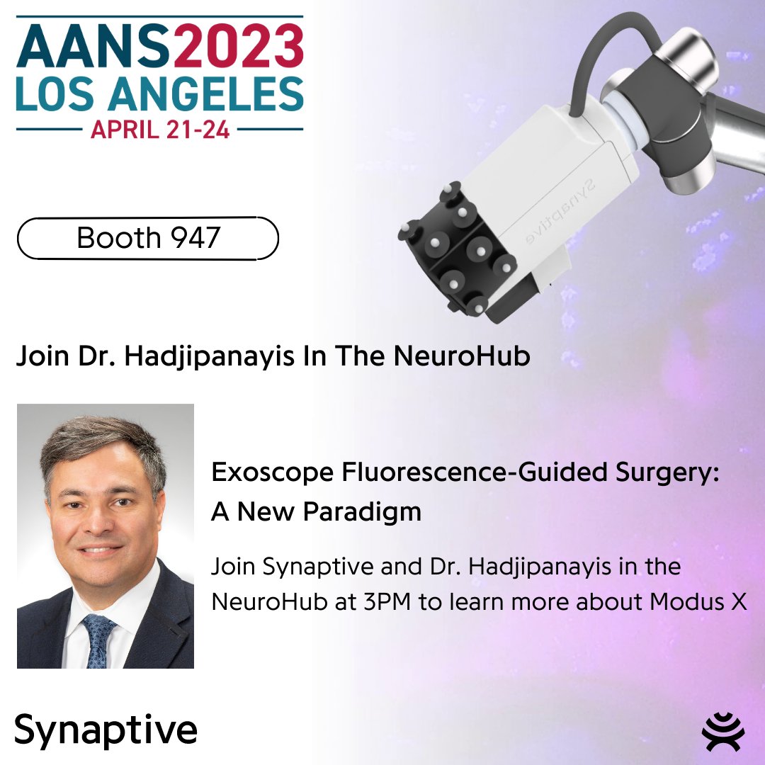SynaptiveMed's tweet photo. Stop by the #AANS NeuroHub today at 3PM! #SynaptiveMedical and Dr. Costas Hadjipanayis will be hosting a 30-minute presentation on the early utilization of #ModusX. Learn more about his utilization of Modus X in #fluorescenceguidedsurgery and how you to can revolutionize your OR. https://t.co/eb7yK9mgS6