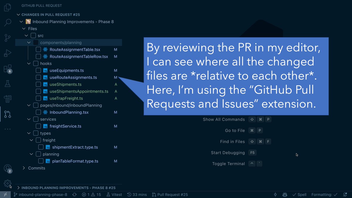 housecor's tweet photo. Why I review PR's in my IDE: It’s easier to see if files are in the right spot.

In a code review diff, I can’t easily see where a file sits *relative to other files*.👎 

In an IDE, that’s easy.

This helps me assure related files are colocated. 👍 https://t.co/JPZKoPCkBE