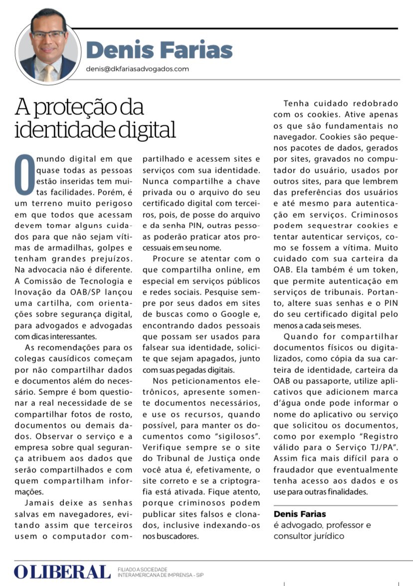 DenisAdvogado's tweet photo. Artigo publicado no Jornal 📰 @oliberal sobre as dicas para proteger a identidade digital no mundo virtual.
.
.
.
#identidadedigital #mundovirtual #armadilha #golpes #tecnologia #dadospessoais #compartilhamento https://t.co/ZHtD528KS6