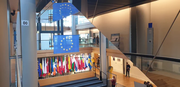 Flag inside the EU Parliament. Photo Credit: Chloe Hill