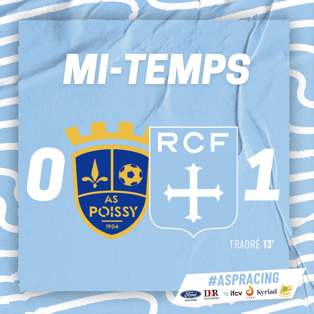 racing_cff's tweet photo. ⏸️ 45' | Nos Ciel et Blanc sont à la hauteur de l’événement et retournent aux vestiaires avec un avantage d’un but.
⚽️ Moriba Traoré est l’unique buteur de ce premier acte à Poissy.
#ASPRacing 0️⃣-1️⃣ | #AllezRacing https://t.co/bjMsNJ69qP