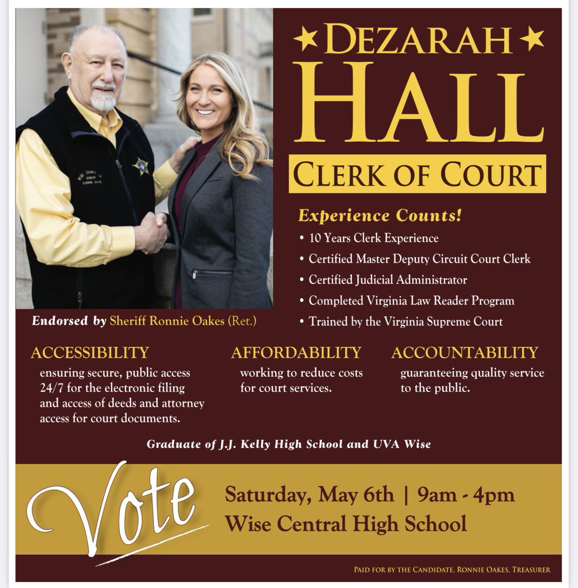 Vote Hall ! Two weeks from today. 10 years on the job experience.  A clear vision for moving the office forward. Dedicated to Wise County and the City of Norton.  #experiencematters
#readyondayone #alwayssupportyourchildrensdreams