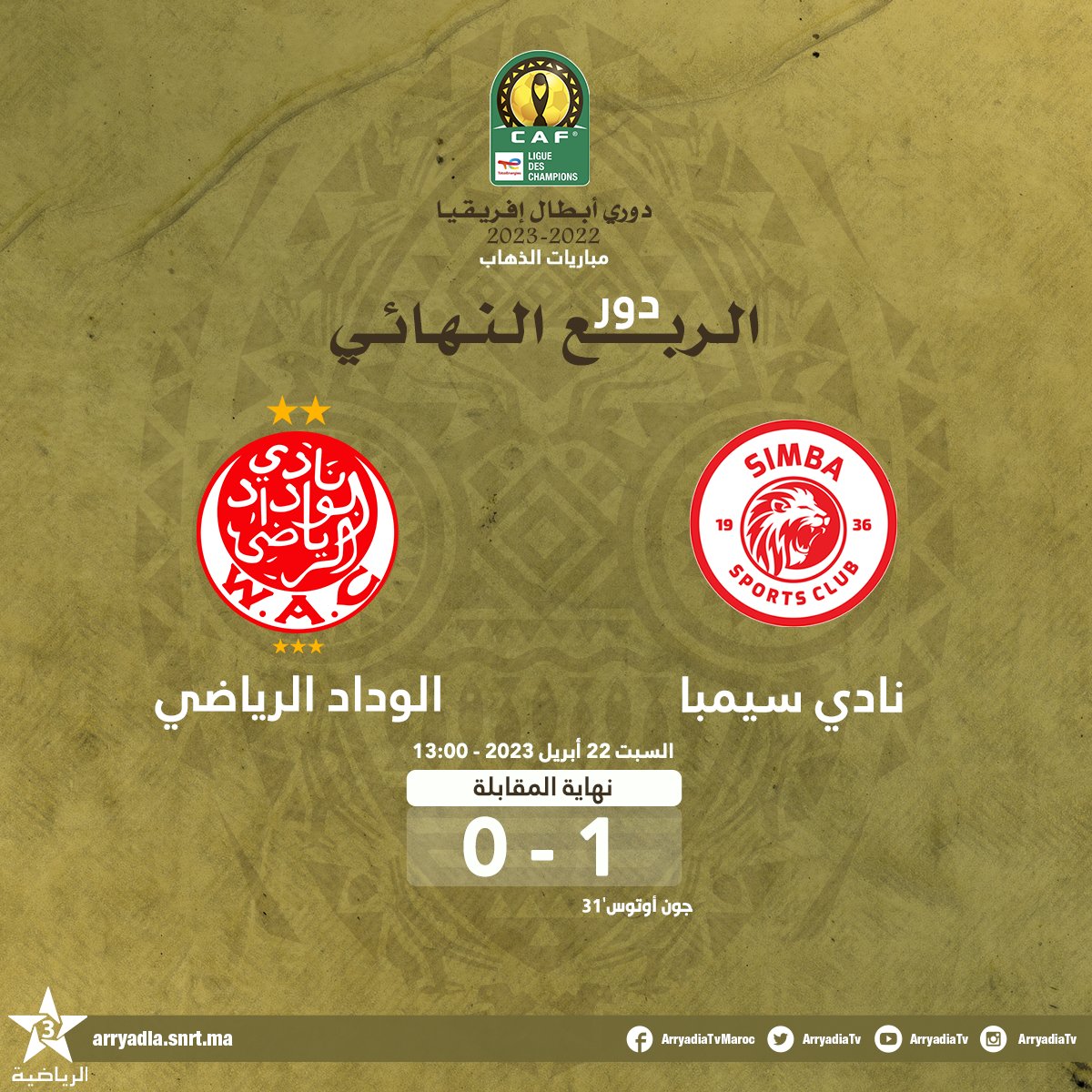 arryadiatv's tweet photo. نهاية المقابلة،
نادي سيمبا - الوداد الرياضي،
دوري أبطال إفريقيا، دور الربع النهائي - مباراة الذهاب.
#دوري_أبطال_إفريقيا
#TotalEnergiesCAFCL #SSCWAC
@CAFCLCC @WACofficiel https://t.co/eFehpczy9X