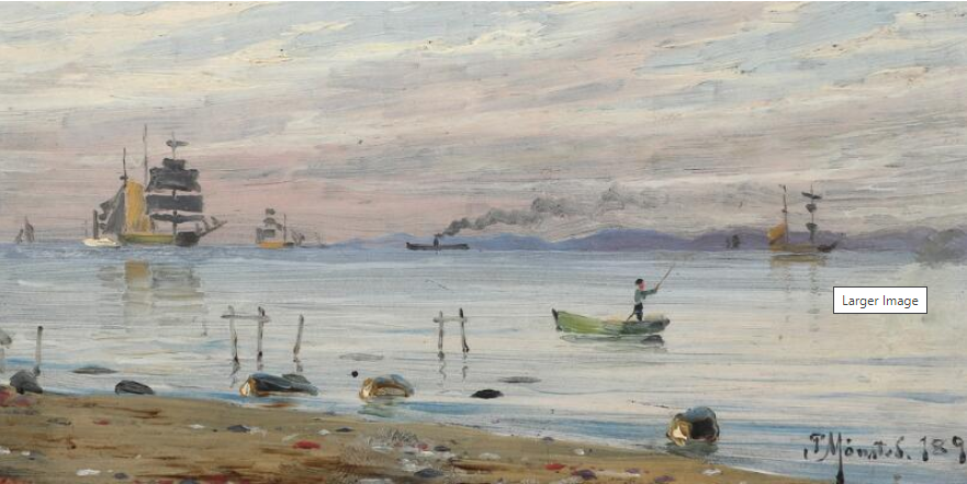 Eli_CottierFab's tweet photo. #DanishPainters #PederMØNSTED (1859-1941),
"Coastal scenery from #Hellebæk with a view towards #Kullen", 1891, #OilOnWood, visible size 7.5×15.5 cm; showing at Bruun-Rasmussen's, #Aarhus, #DK, till #24Apr2023.
#PaintingsOnWood...: ah!
On #PederMØNSTED: https://t.co/fGtu3PaqhO https://t.co/nAz04xwy7p