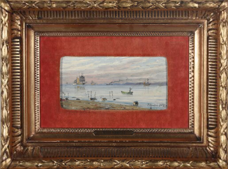 Eli_CottierFab's tweet photo. #DanishPainters #PederMØNSTED (1859-1941),
"Coastal scenery from #Hellebæk with a view towards #Kullen", 1891, #OilOnWood, visible size 7.5×15.5 cm; showing at Bruun-Rasmussen's, #Aarhus, #DK, till #24Apr2023.
#PaintingsOnWood...: ah!
On #PederMØNSTED: https://t.co/fGtu3PaqhO https://t.co/nAz04xwy7p