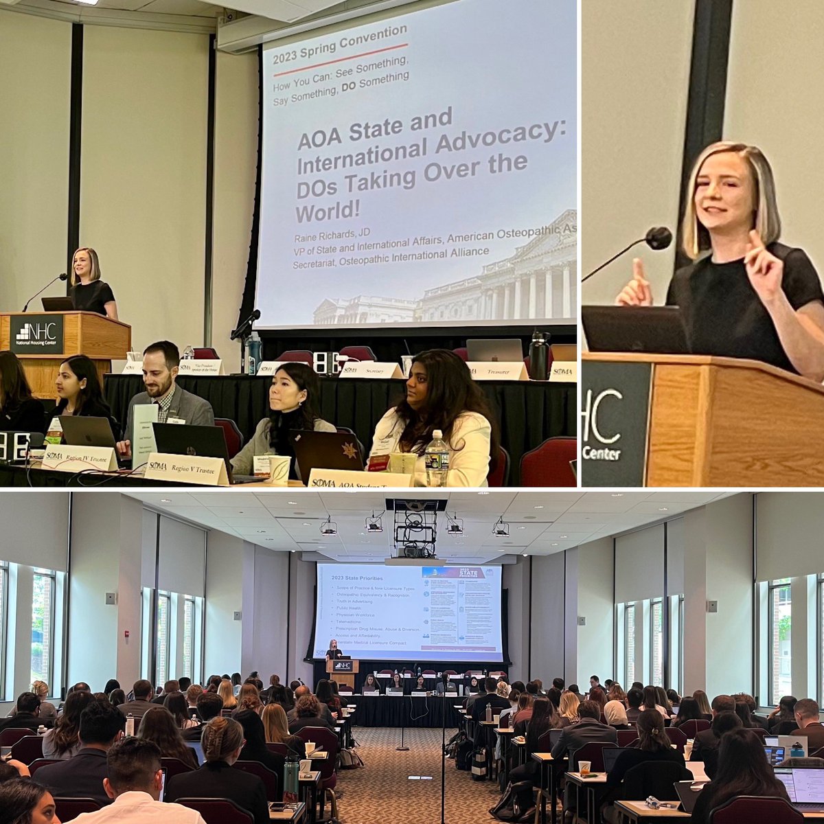 nblanken's tweet photo. @AOAforDOs very own Raine Richards, JD, VP of International and State Affairs, presenting to a packed room of @NationalSOMA medical student leaders at the #SOMASpring23 Convention. Great presentation, Raine! #SaySeeDO #WhyWeDO #DCBoundwithSOMA https://t.co/yLHoAOf4K3
