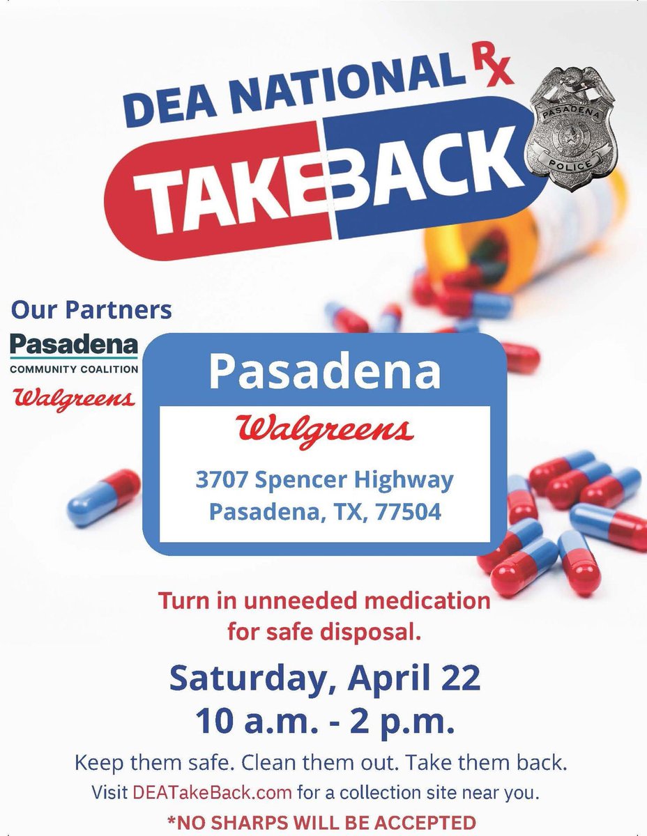 PasadenaPDTX's tweet photo. Our DEA Pill Take Back is happening now! Bring your old, expired, or unused medications and drop them off, so they can be properly disposed of. No sharps will be accepted. We will be at the Walgreens (Spencer Hwy. @ Burke) until 2 pm. #pilltakeback https://t.co/gXauzDmzXP