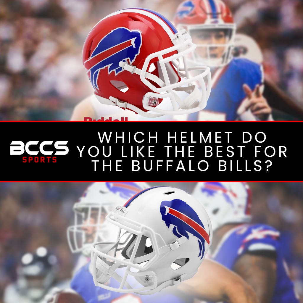 bccssports's tweet photo. The Buffalo Bills have had many different helmets but which one of these do you like the most? Josh Allen and the white or Jim Kelly's teams with the classic red#nfl #nflnews #nflhelmets #buffalobills #bleav #barstoolsportsbook #nflespn #nfllive #nflnetwork https://t.co/PpZkY0ZZdh