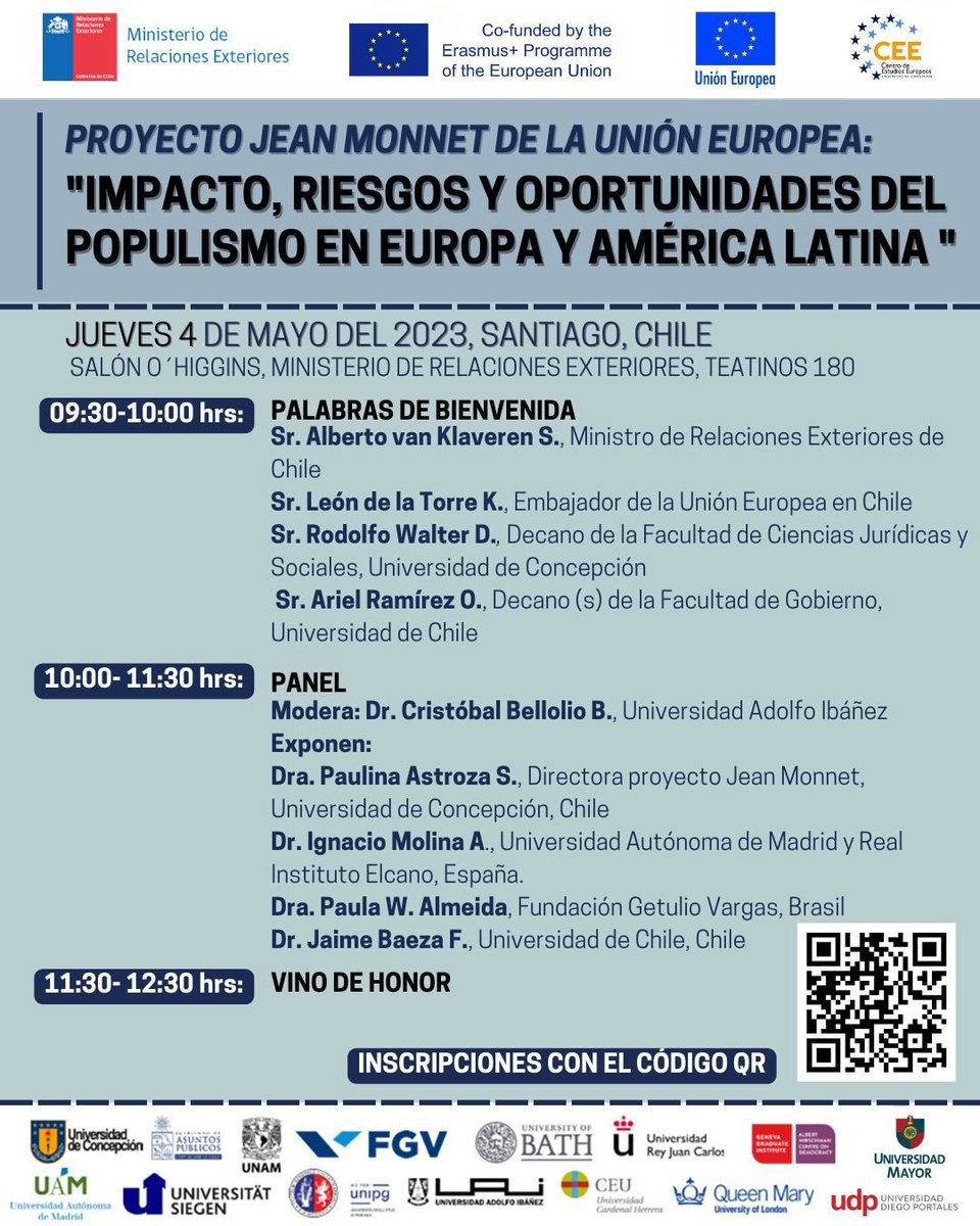ceeudeconce's tweet photo. Este jueves 4 en SANTIAGO!🤩 
Realizaremos este evento en el marco del proyecto @jeanMonnet @EUErasmusPlus junto a @Minrel_Chile @UEenChile @juridicysocudec y Facultad de Gobierno de la U. de Chile. 
Cupos limitados. Inscripción por código QR ¿Que esperas? 😱
@PaulinaAstrozaS https://t.co/OU3PmTUsFu