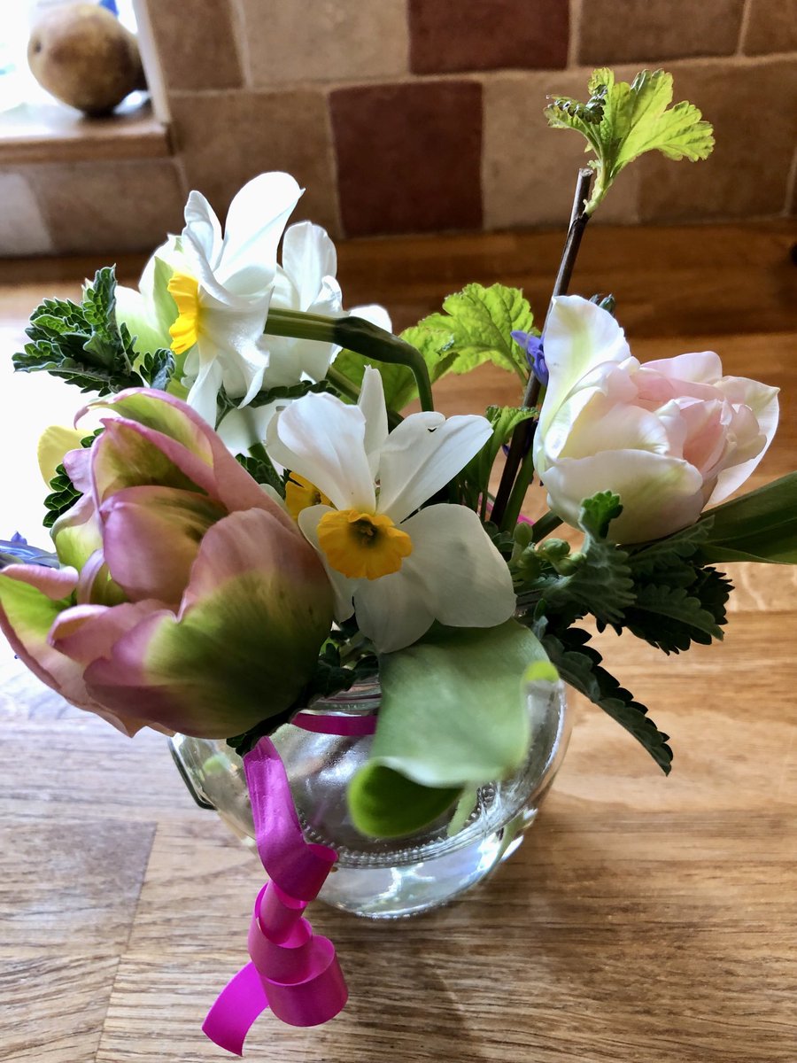LawlerBarbara's tweet photo. Little #springposy for an old friend who is recovering from a knee replacement #friendsforever . The flowers are from my #garden https://t.co/G48zHlvec9